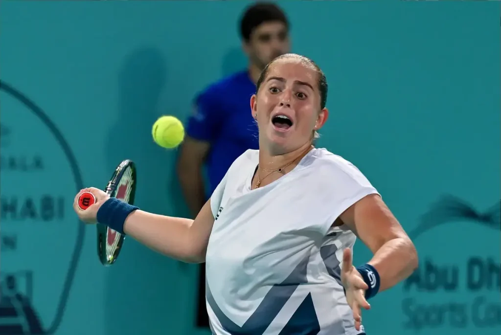 Jelena Ostapenko challenges the referee in a controversial scene at the Doha tournament.