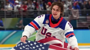 Jack Hughes loses teeth and scores a decisive goal in the U.S. Olympic Hockey.