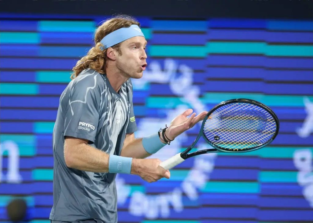 Andrey Rublev loses control and breaks his racket after defeat at Indian Wells.