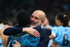 “Guardiola praises Man City players after victory over the almost unbeatable Arsenal.”
