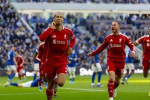 Virgil van Dijk shines as Liverpool wins against Everton in the last minute.