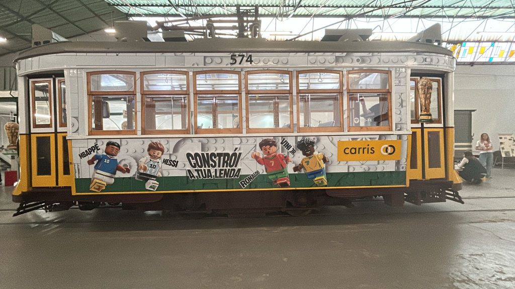 A LEGO invaded Lisbon with Cristiano Ronaldo, Messi, Mbappé, and Vini Jr. on board the most famous tram in the country.