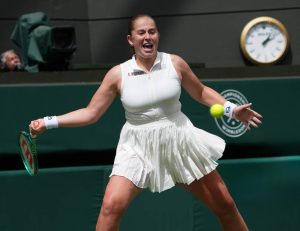 “Ostapenko silences Wimbledon crowd after defeating Harriet Dart.”