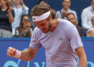 Tsitsipas competes in the final of the Swiss Open Gstaad against Raphael Collignon.
