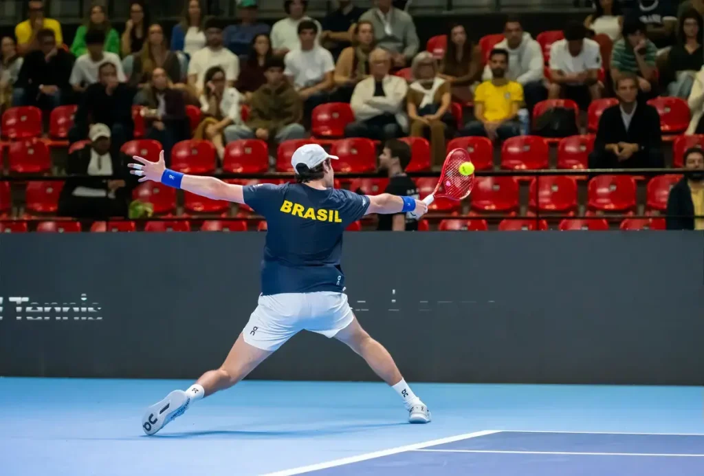 Tennis player in a navy "BRASIL" shirt and white cap, stretching to hit a forehand on a blue court at Davis Cup play for Brazil.