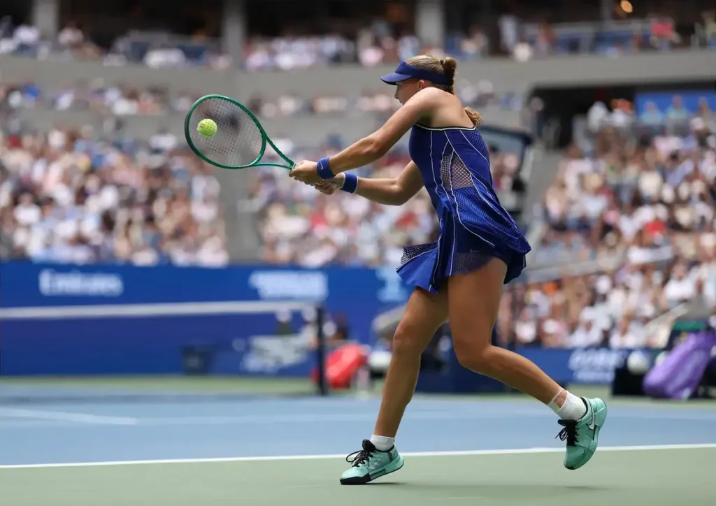 A tennis player in a blue dress and visor hits a forehand with a green racquet during a match on a blue court, with stadium crowds behind.