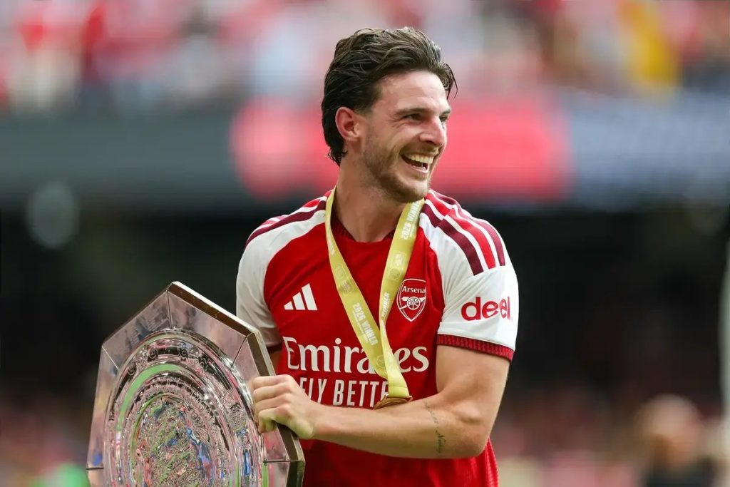 Declan Rice hit in the face by Arsenal’s community shield during celebrations