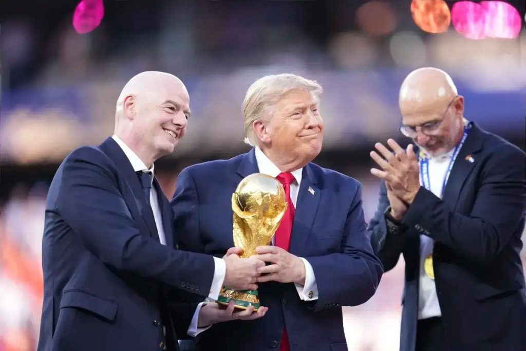 Donald Trump photobombs Spain’s World Cup trophy lift in New Jersey